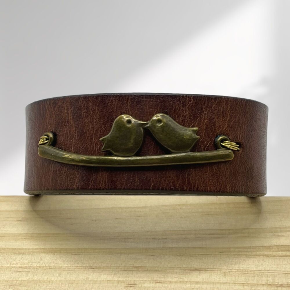 VTG Leather Cuff Bracelet Metal Love Birds On Branch Brown Strap Snap Y2K Boho